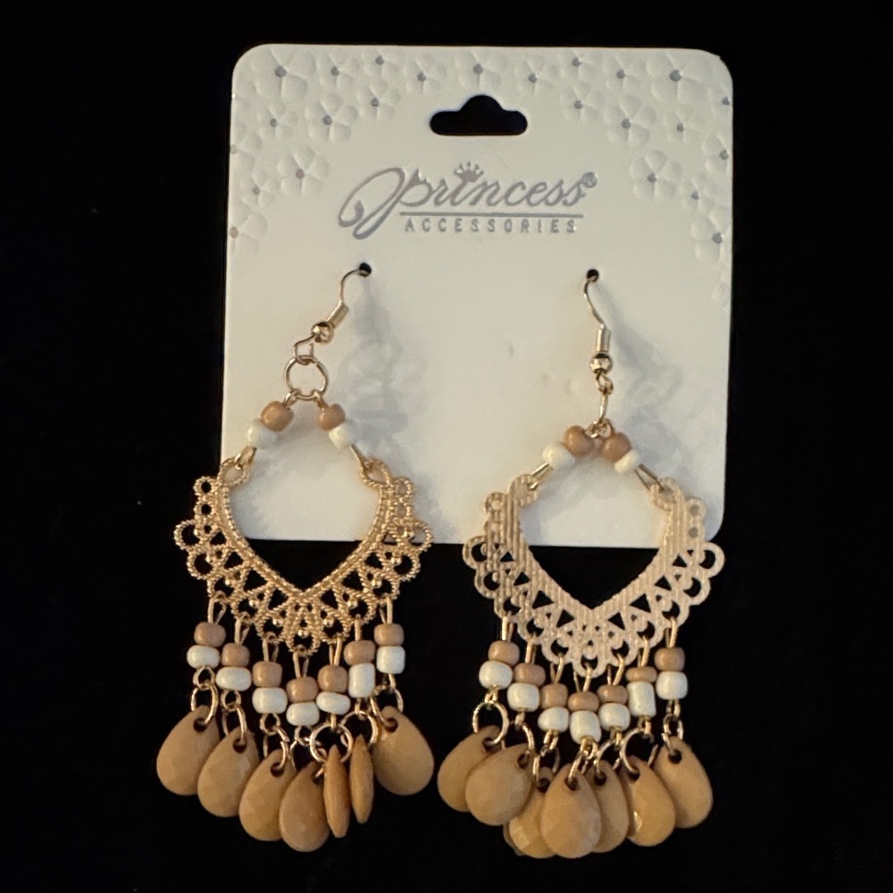 Princess Accessories Gold and Tan Chandelier Earrings
